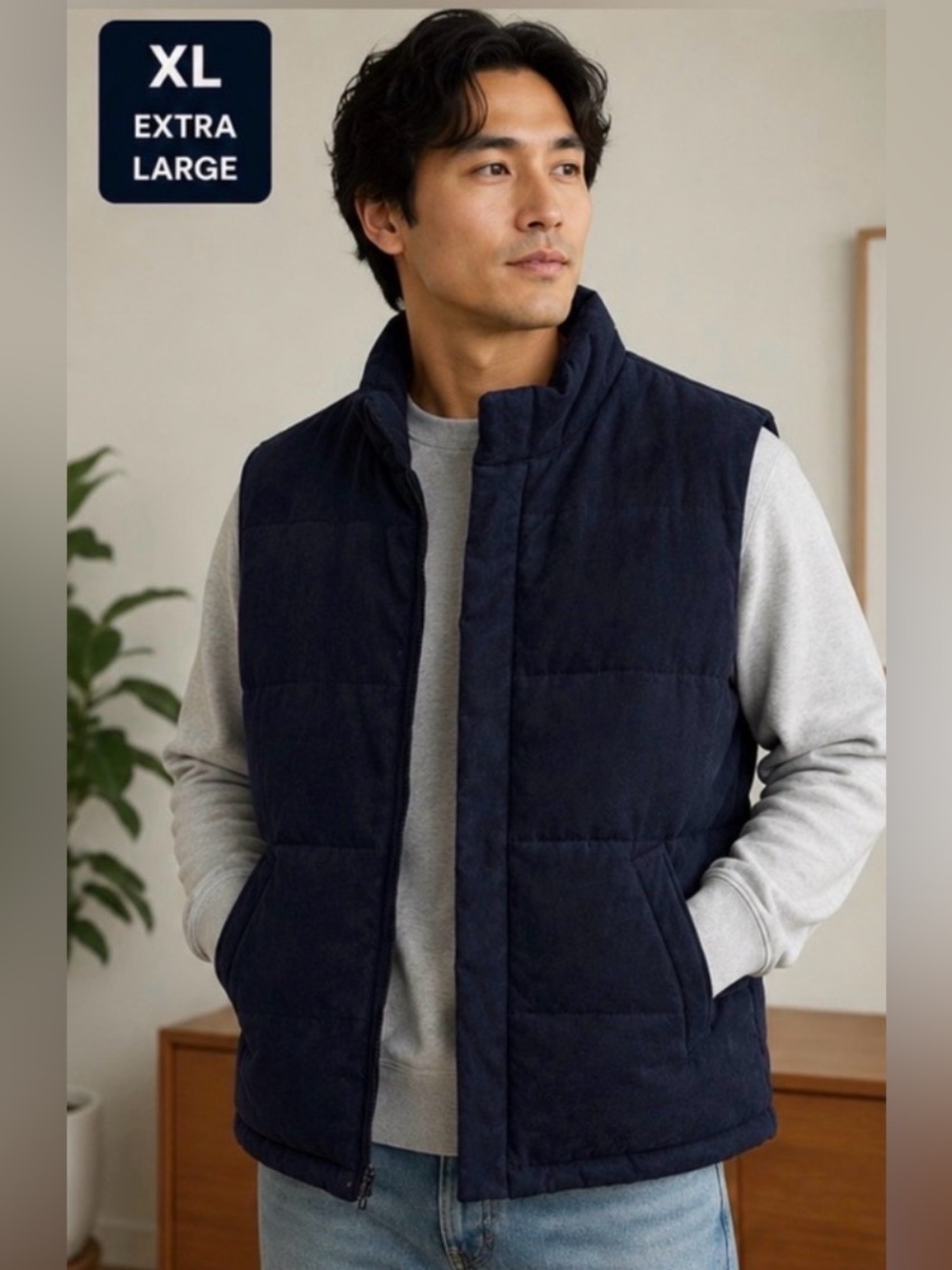 Banana Republic Vegan Suede Puffer Vest XL Navy Quiet Luxury Preppy